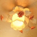 White 1-Light Semi Flush Mount Pastoral Frosted Glass Tulip Flower Close to Ceiling Light