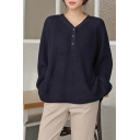 Trendy Women's Sweater Solid Color Ribbed Knit Side Split Button Detail Long-sleeved Relaxed Fit Pullover Sweater