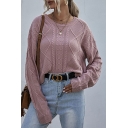 Leisure Women's Sweater Cable Knit Ribbed Trim Solid Color Crew Neck Long-sleeved Relaxed Fit Sweater