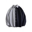Cool Mens Shirt Two Tone Panel Stripe Pattern Button down Long Sleeve Spread Collar Loose Fit Shirt