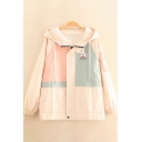 Basic Womens Jacket Color Block Panel Bear Japanese Letter Embroidery Pockets Zipper up Hooded Loose Fit Long Sleeve Casual Jacket