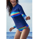 Novelty Womens Wetsuit Rainbow Stripe Print Quick Dry Sun-Protection Wetsuit Slim Fitted Triangle Briefs Crew Neck Long Sleeve Two-Piece Wetsuits