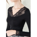 Sexy Women's T-Shirt Patchwork Contrast Sheer Mesh Broderie Detailed Scalloped V Neck Long-sleeved Slim Fitted Tee Top