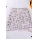 Womens Skirt Fashionable Plaid Pattern Invisible Zipper Back Tweed Anti-Emptied High Rise Mini Bodycon Skirt