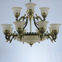 15-Head Chandelier Lamp Vintage Restaurant Pendant Light with 2-Layered Bell Frosted Glass Shade in Bronze