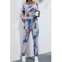 Retro Womens Co-ords Tie Dye Regular Fitted Pants One Cold Shoulder Asymmetric Neck Long Sleeve Tee Co-ords