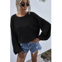 Unique Womens Sweater Plain Rib Knitted Loose Fitted Crew Neck Long Bishop Sleeve Sweater