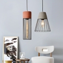 1 Bulb Cement Pendant Lighting Industrial Grey/Red Tube/Cone Caged Dining Room Suspension Light