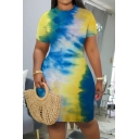 Fashionable Women's T-Shirt Dress Tie Dye Pattern Crew Neck Short-sleeved Slim Fitted Midi T-Shirt Dress