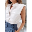 Casual Women's Blouse Button Closure Flap Chest Pockets Shoulder Pad Stand Collar Sleeveness Regular Fitted Blouse Shirt