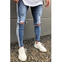 Mens Jeans Unique Side Stripe Patchwork Distressed Knee Hole Zipper Fly Ankle Length Slim Fit Tapered Jeans