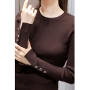 Basic Womens Sweater Solid Color Split Cuffs Button Detail Rib Knit Long Sleeve Slim Fitted Round Neck Bottoming Sweater