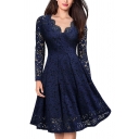 Unique Womens Dress Lace Scalloped V Neck Long Sleeve Slim Fitted Midi Flare Dress