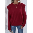 Basic Womens T-Shirt Solid Color Shoulder Pad Relaxed Fitted Long Sleeve Crew Neck Tee Top