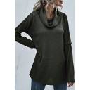 Vintage Womens Bottoming Sweater Solid Color Split Hem Drop Shoulder Tunic Long Sleeve Relaxed Fitted Cowl Collar Sweater