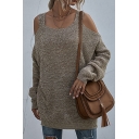 Womens Sweater Chic Side Split Hem Bottoming Loose Fitted Cold Shoulder Long Sleeve Tunic Sweater