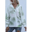 Womens Hoodie Fashionable Tie Dye Button Design Regular Fitted V Neck Long Sleeve Bottoming Sweatshirt