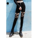 Retro Womens Pants Hollow out Zipper Fly High Waisted Elasticity Full Length Skinny Pants