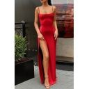 Trendy Women's Maxi Dress Solid Color Side Slit Strap Sleeveless Square Neck Fitted Maxi Dress