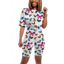 Trendy Women's Co-ords All over Butterfly Printed Round Neck Short Sleeves Regular Fitted Tee Top with High Waisted Shorts