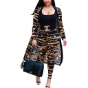Womens Co-ords Classic Necklace Flower Stripe Leopard Skin Feather Pattern Long Sleeve Maxi Open Front Jacket Slim Fitted 7/8 Length Pants Co-ords