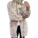 Fashionable Open Front Long Sleeves Hooded Longline Faux Fur Fluffy Coat