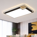 Rectangular/Square LED Flush Mounted Light Minimalist Metal Guest Room Ceiling Lamp in Black with Wood Cut Corner, White/3 Color Light