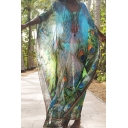 Elegant Women's Maxi Dress Peafowl Printed Contrast Trim Lace up V Neck Batwing Sleeves Maxi Dress