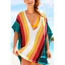 Basic T-Shirt Dress Vertical Stripe Pattern Batwing Sleeves V Neck Short T-Shirt Dress for Women
