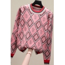 Vintage Womens Sweater Rhombus Floral Jacquard Button Decoration Contrast Trim Round Neck Long Sleeve Relaxed Fitted Sweater