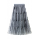 Classic Womens Skirt Flocked Polka Dot Double-Layered Tulle Patchwork Frill-Trimmed High Elastic Rise Midi A-Line Skirt