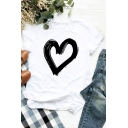 Casual Tee Top Heart Pattern Round Neck Short Sleeves Regular Fitted T-Shirt