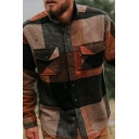 Mens Shirt Unique Color Block Checkered Pattern Flap Chest Pockets Button up Turn-down Collar Long Sleeve Slim Fitted Shirt