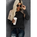 Womens T-Shirt Chic Sequin Decoration Raglan Patchwork Long Sleeve Round Neck Relaxed Fitted Pullover Sweatshirt