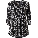 Elegant Womens Tee Top Floral Tribal Print Pleated Detail V Neck Half Sleeves Regular Fitted T-Shirt