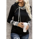 Vintage Women's Tee Top Tribal Printed Contrast Panel Zip Detail Front Pocket Drawstring Hooded Finger Hole Long-sleeved T-Shirt