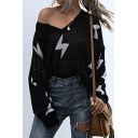Trendy Women's Sweater Lightning Pattern Frayed Hem V Neck Long-sleeved Regular Fitted Sweater