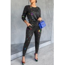 Vintage Womens Co-ords Paint Splatter Slim Fitted Pencil Pants Crew Neck Long Sleeve Tee Co-ords