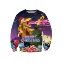 New Stylish Christmas Dinosaur Fire 3D Printed Long Sleeve Round Neck Purple Pullover Sweatshirts