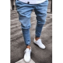 Mens Jeans Trendy Pleated Detail Cuffed Zipper Fly Regular Fit 7/8 Length Tapered Jeans with Washing Effect