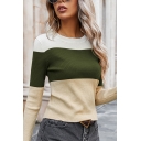 Basic T-Shirt Color Block Contrast Trim Round Neck Long-sleeved Slim Fit Tee Top