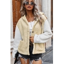 Casual Women's Hoodie Coat Color Block Button-down Side Pockets Open Front Long Sleeves Regular Fit Fluffy Hoodie Coat