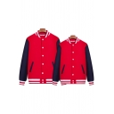 Mens Jacket Fashionable Stripe Trim Cuffed Button Detail Stand Collar Loose Fit Long Contrasted-Sleeve Varsity Jacket