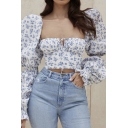 Trendy Women's T-Shirt Ditsy Floral Print Drawstring Tie Stringy Selvedge Embellished Long Puff Sleeves Square Neck Cropped Tee Top
