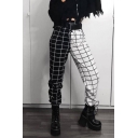 Fancy Women's Pants Plaid Pattern Contrast Panel Ankle-Tied Relaxed Fit Pants