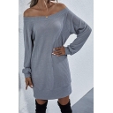 All-Match Women's Swing Dress Solid Color Rib Knitted off the Shoulder Long Sleeves Regular Fitted Swing Dress