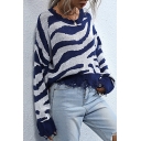 Unique Womens Sweater Zebra Stripe Pattern Frayed Trim Long Drop-Sleeve Relaxed Fitted V Neck Sweater