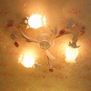 Flowerbud Bedroom Flush Ceiling Light Pastoral Ivory Glass 3 Bulbs White Semi Mount Lighting