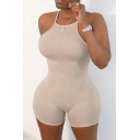Leisure Women's Romper Solid Color Backless Strap Round Neck Sleeveless Slim Fitted Elasticity Romper