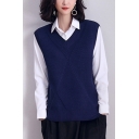 Fancy Women's Sweater Vest Solid Color Ribbed Knit V Neck Sleeveless Regular Fitted Sweater Vest
